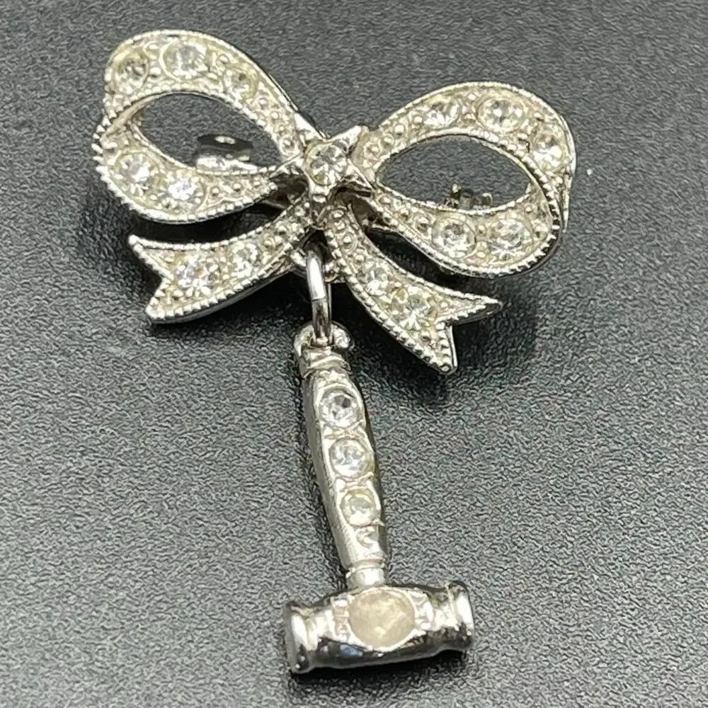 ORA Rhinestone Bow Shriners Scimitar Hammer Dangle Brooch 1.25